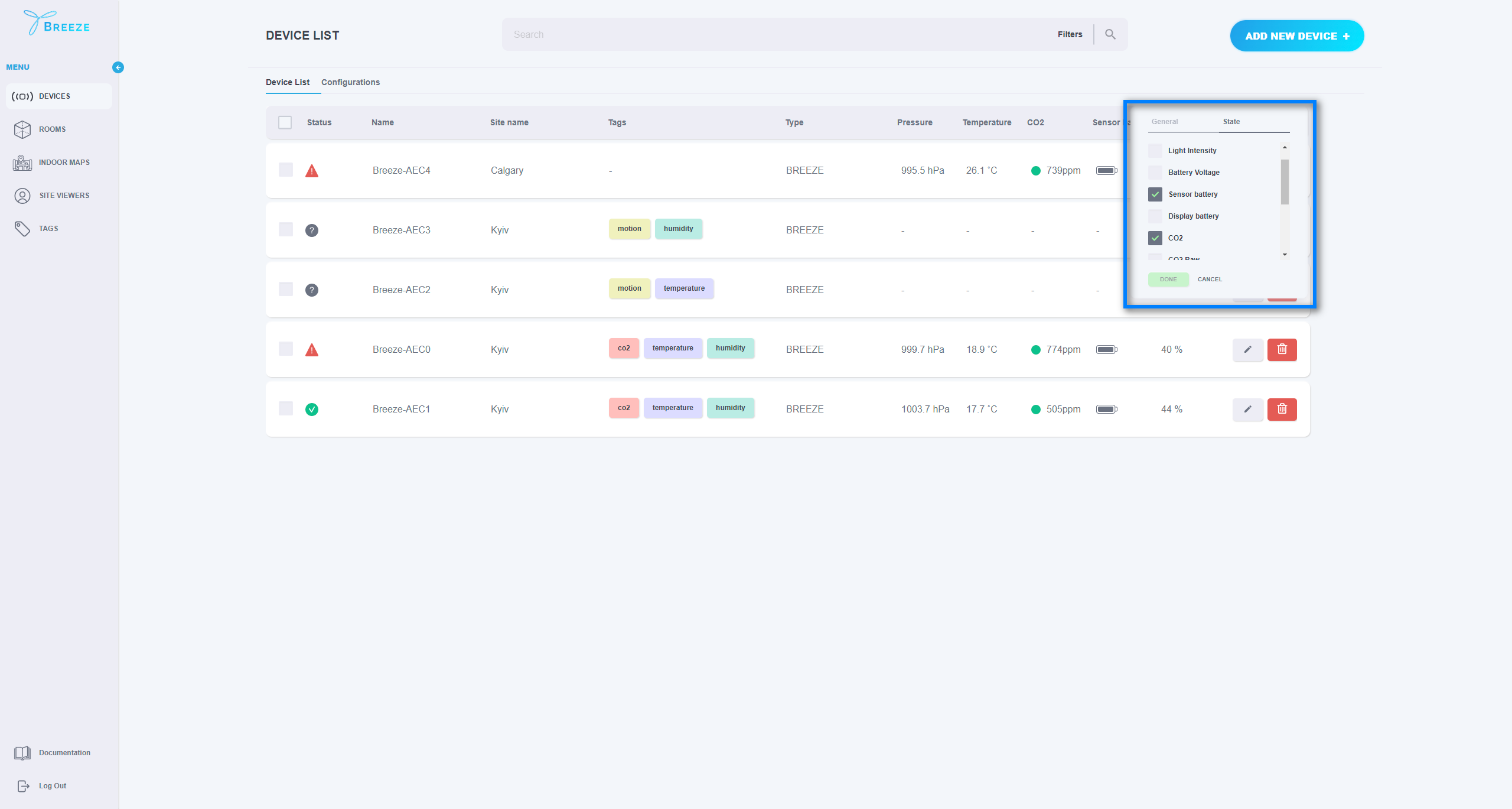 Figure 13. Configuring the data displayed in Devices view