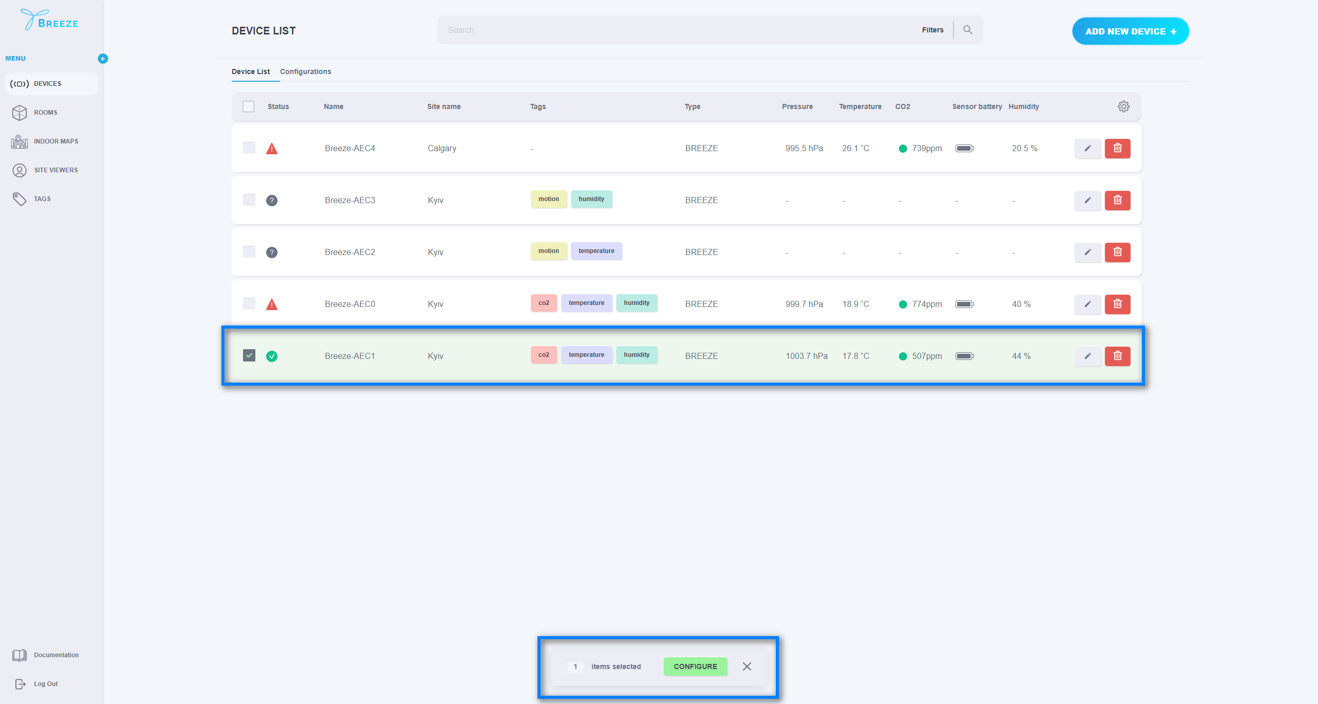 Figure 18. Configure devices view