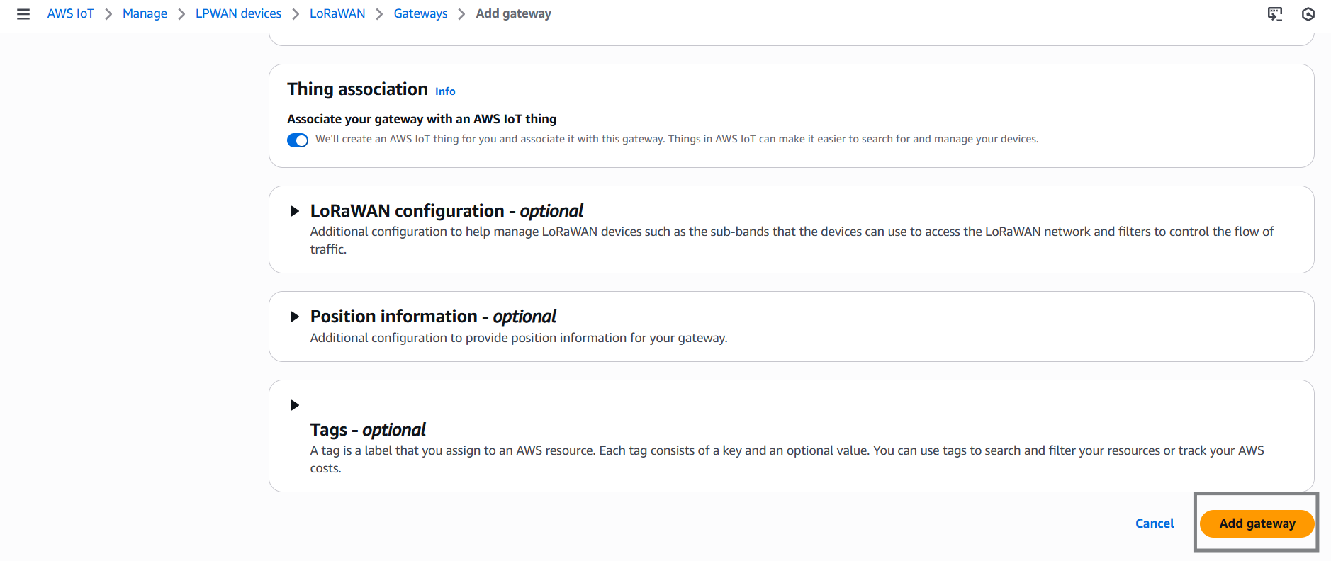 AWS IoT IAM Add Gateway confirm