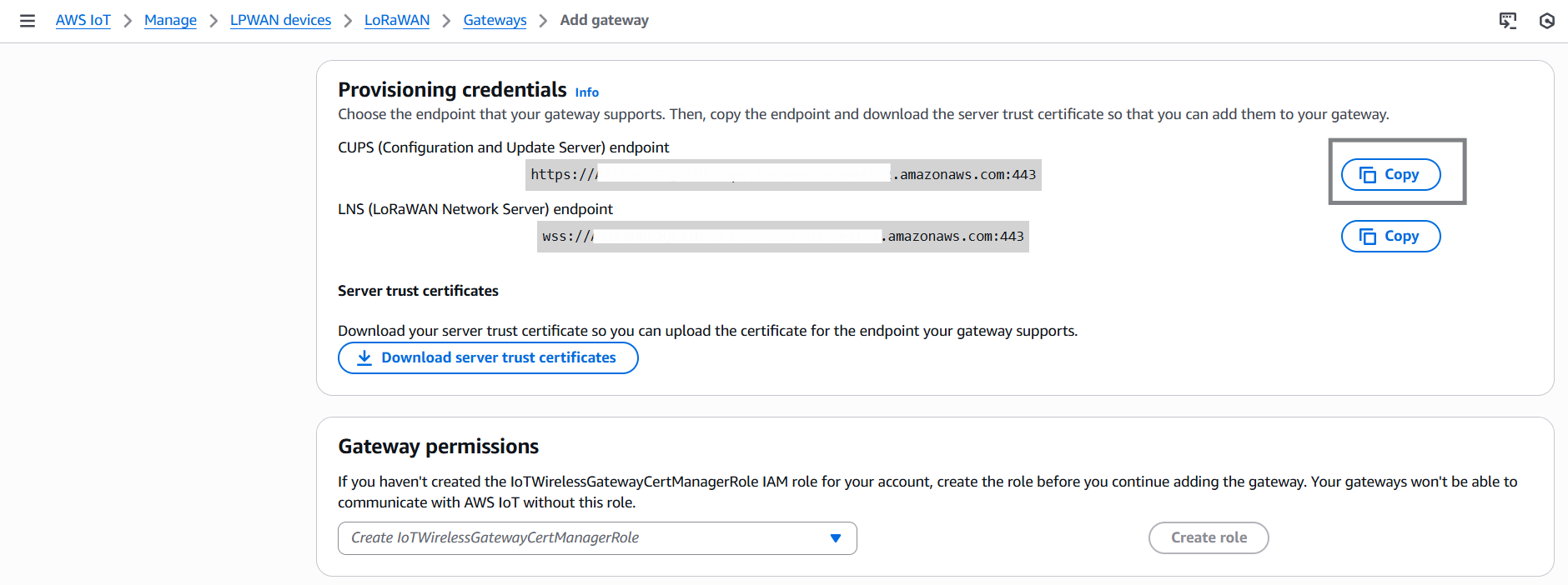 AWS IoT IAM Add Gateway copy endpoint URL