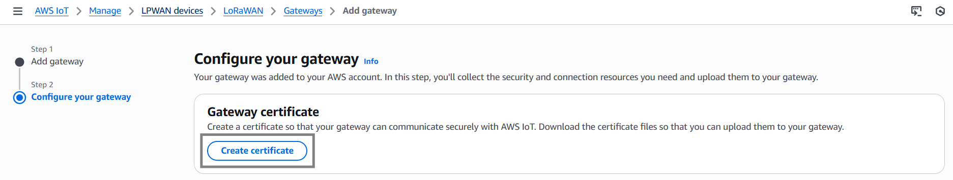 AWS IoT IAM Add Gateway create certificate