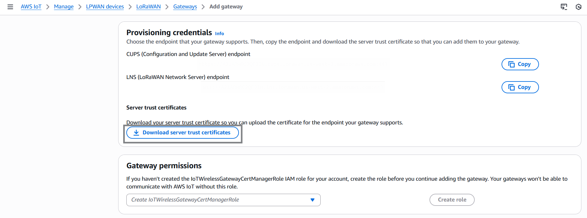 AWS IoT IAM Add Gateway download Provisioning Credentials