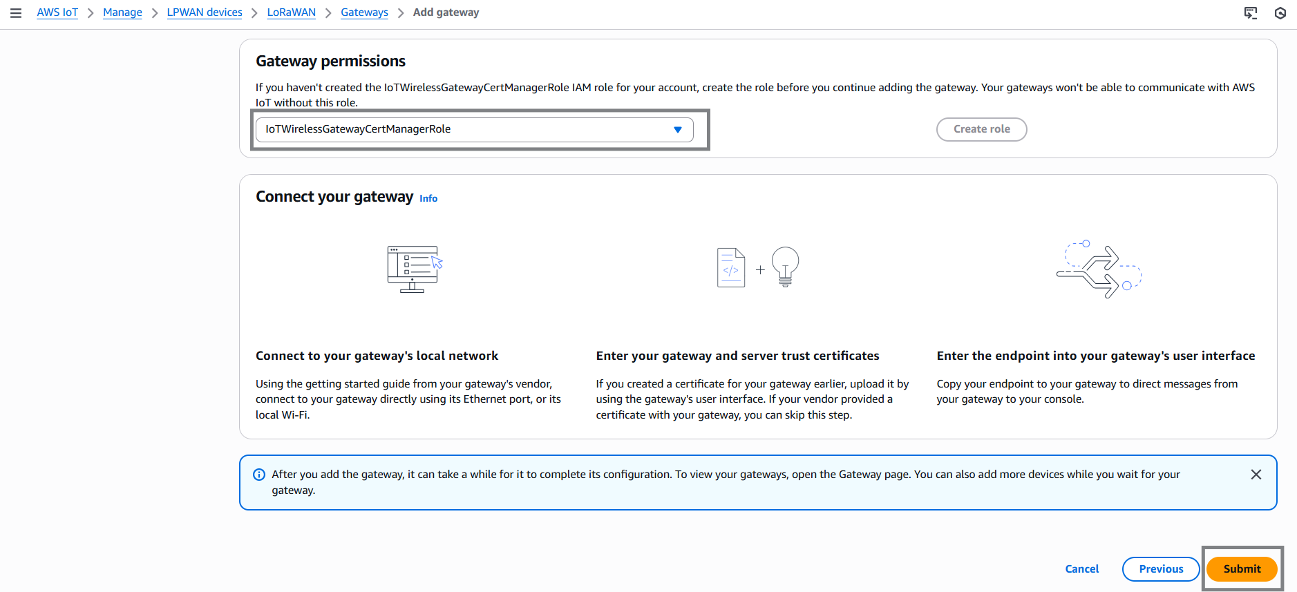AWS IoT IAM Add Gateway Select Role and Submit