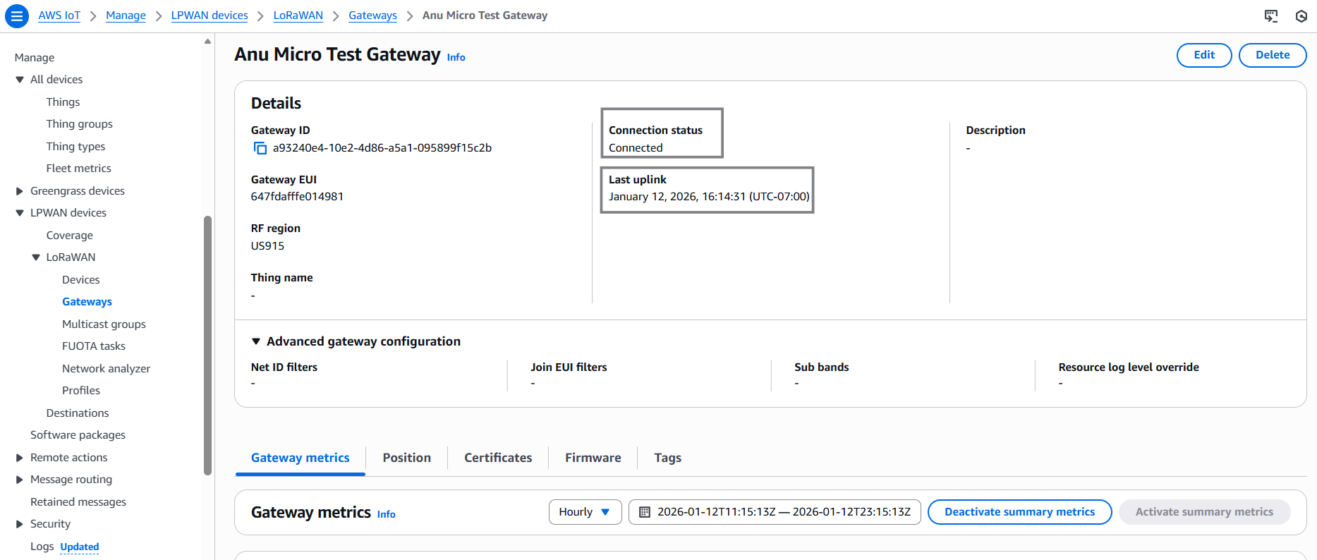 AWS IoT IAM Add Gateway Last uplink received