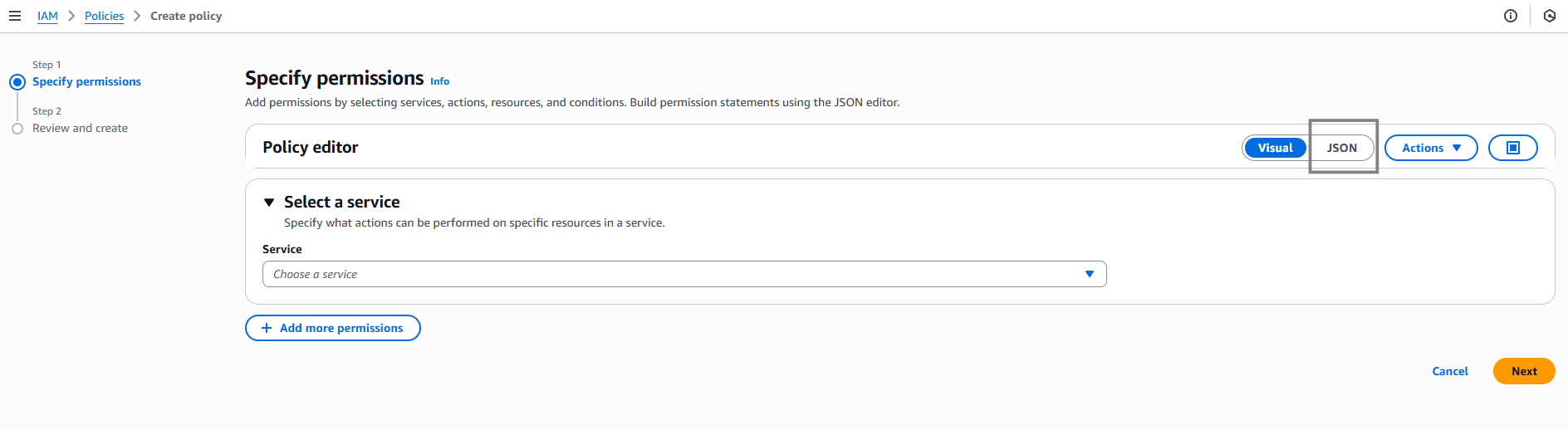 AWS IoT IAM Create Policy Select JSON tab