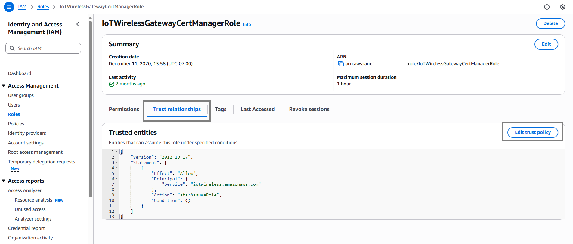 AWS IoT IAM Edit Trust policy