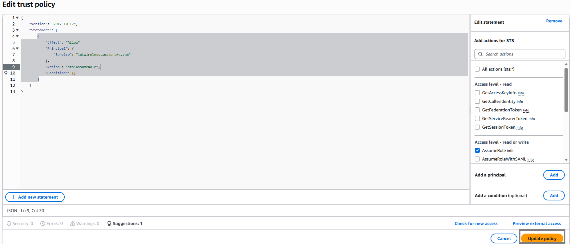 AWS IoT IAM Update Trust policy