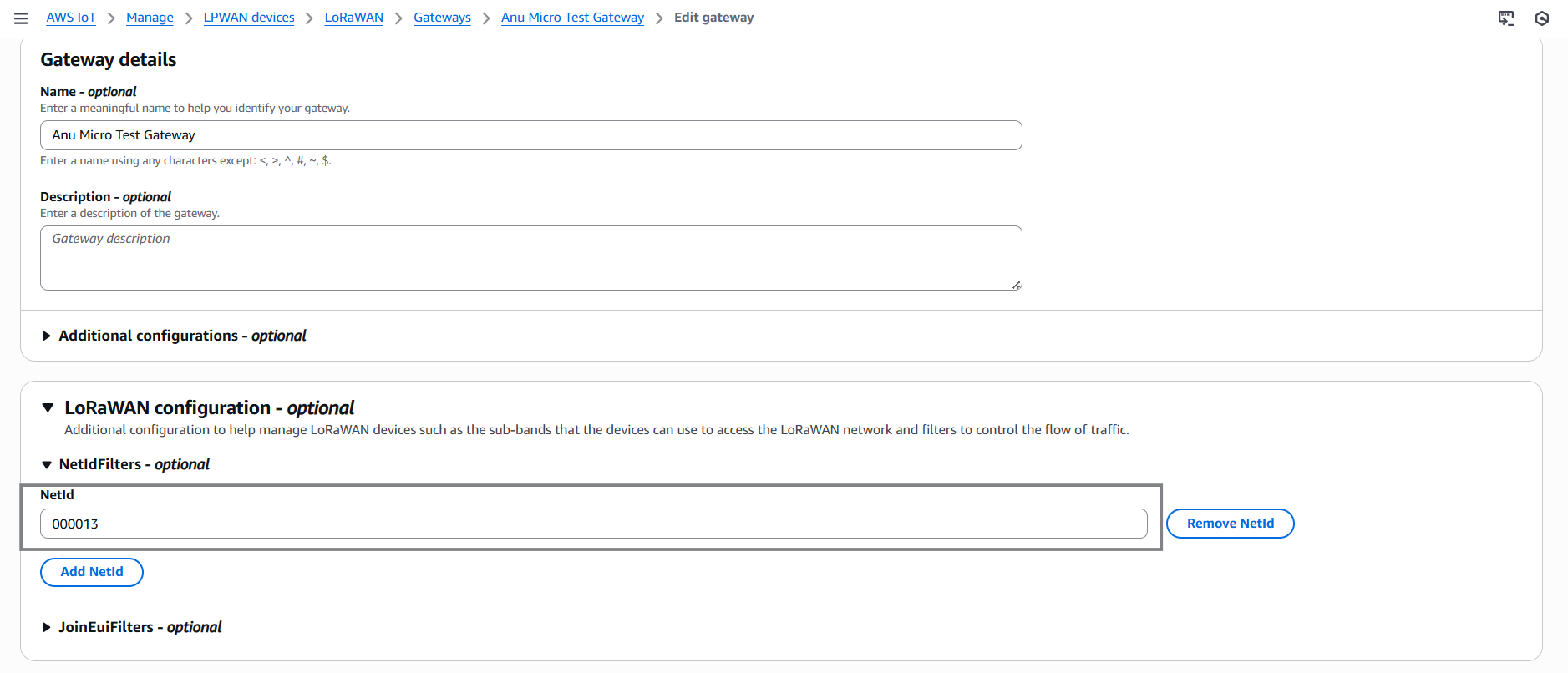 AWS IoT Core LoRaWAN Configuration Add NetID