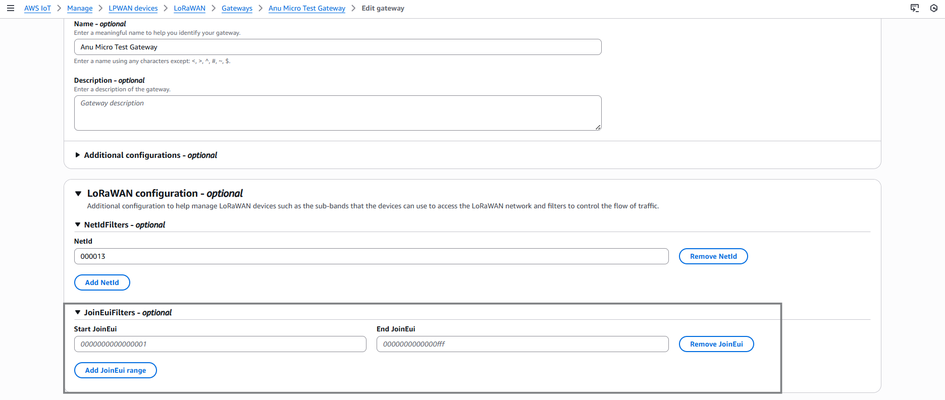 AWS IoT Core LoRaWAN Configuration JoinEUI