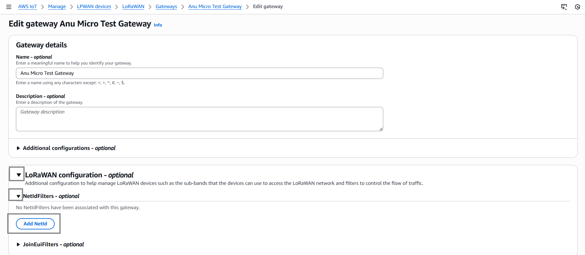 AWS IoT Core LoRaWAN Configuration