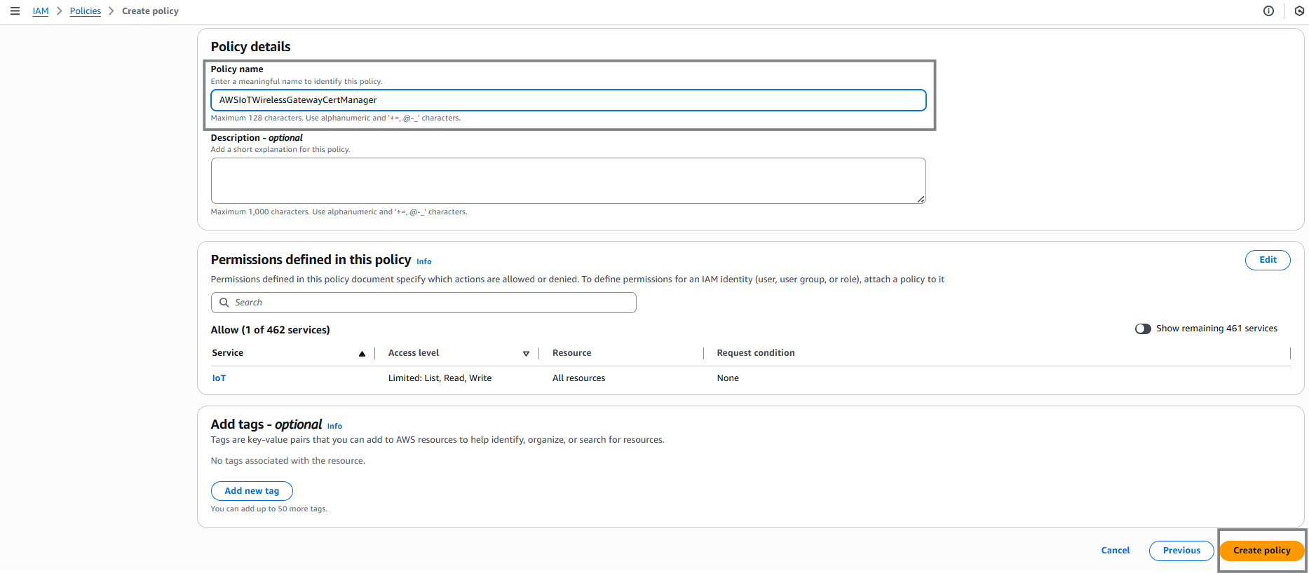 AWS IoT IAM Create Policy enter Policy name