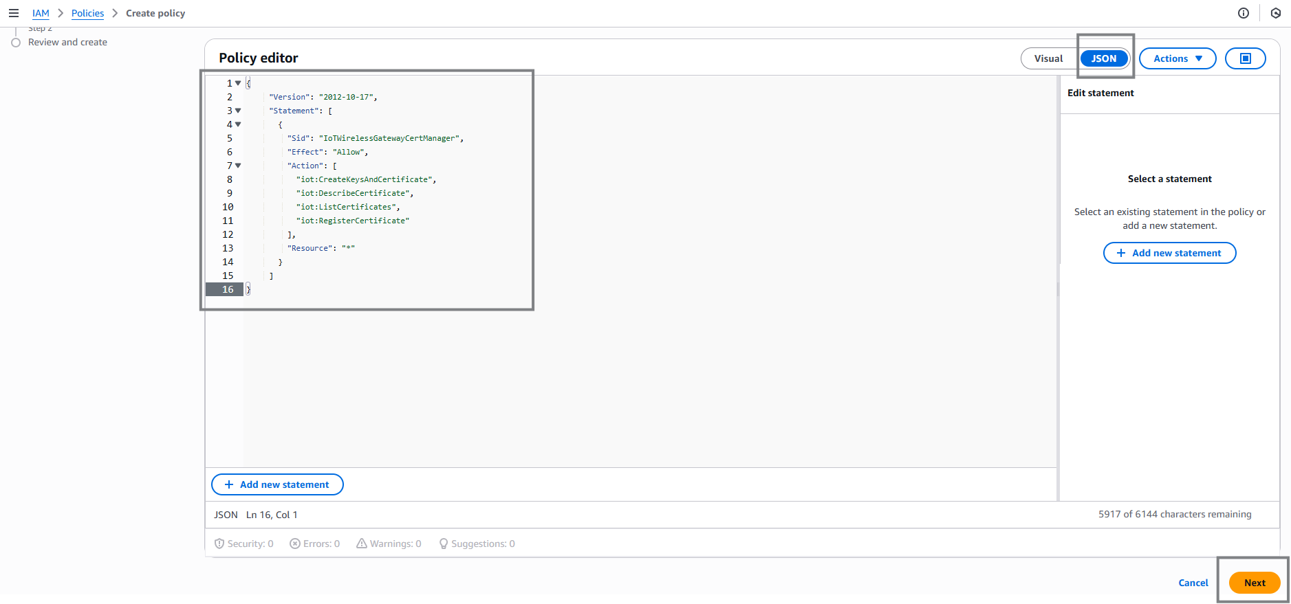 AWS IoT IAM Create Policy JSON