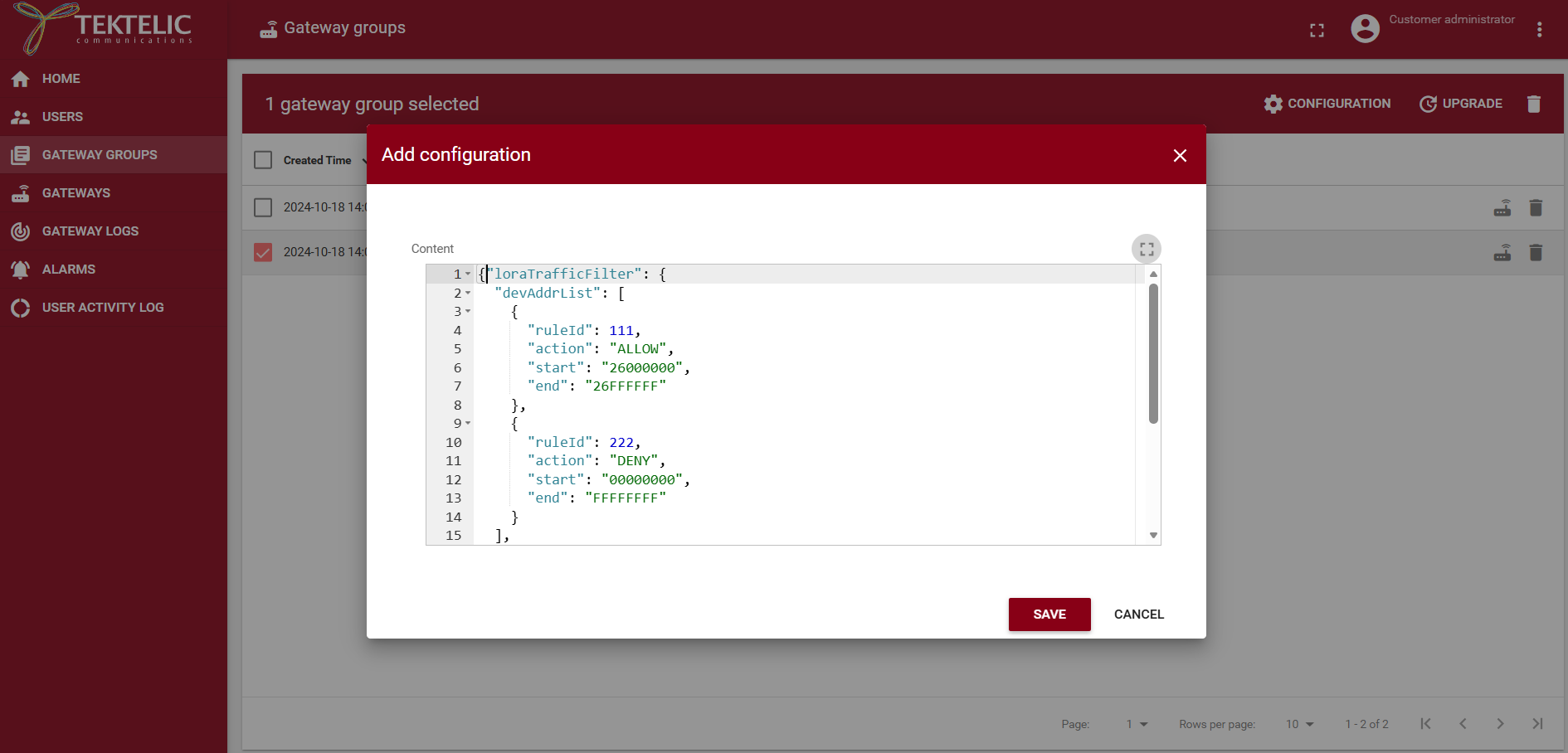 Kona Element gateways tab add JSON configuration