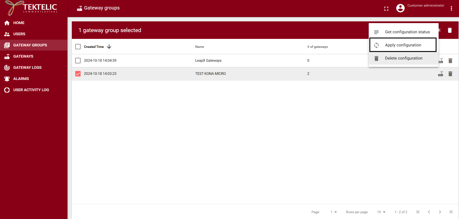 Kona Element gateways tab apply configuration