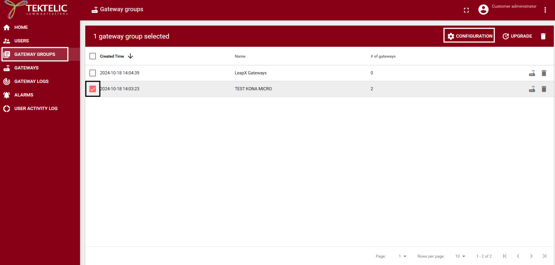 Kona Element gateways tab gateway selection