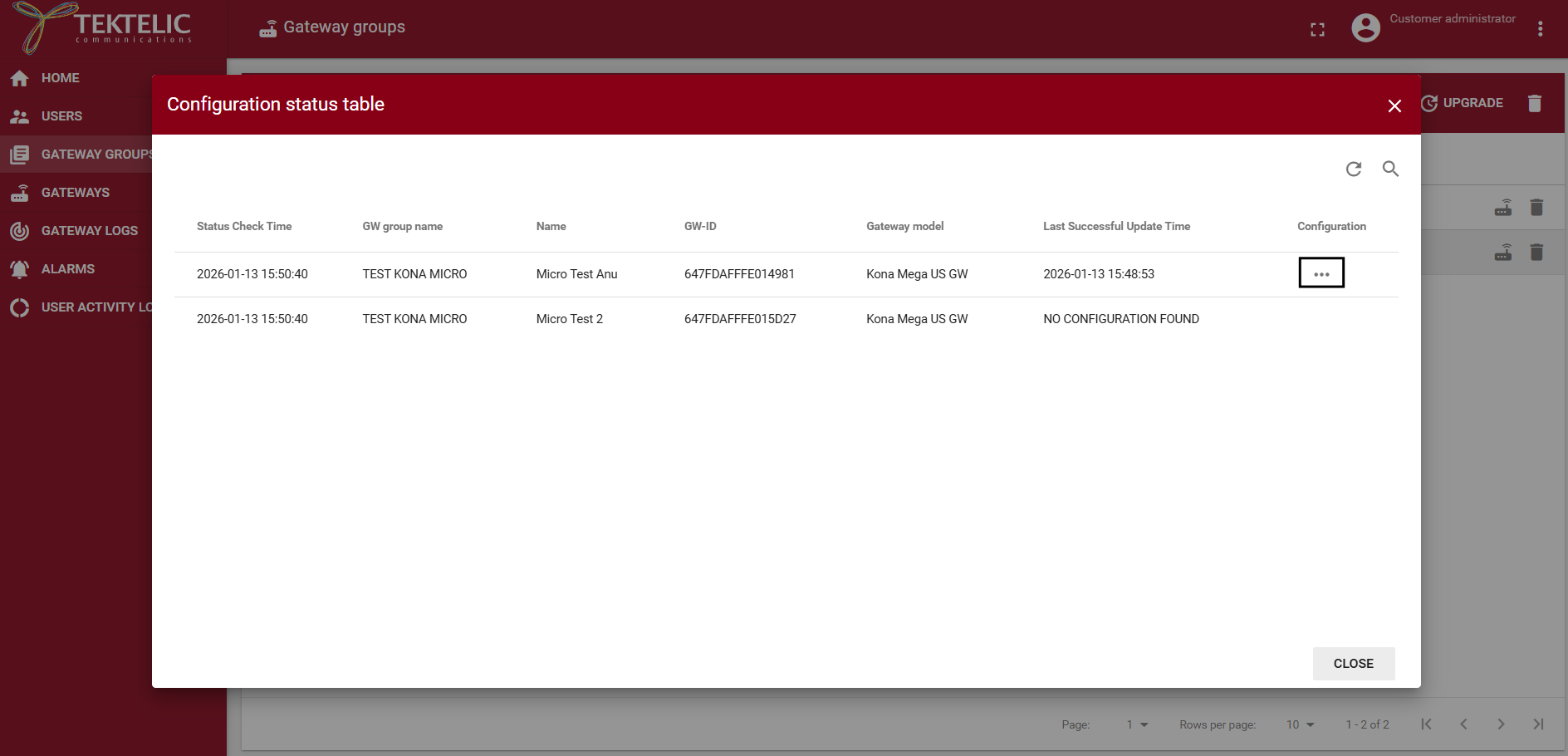 Kona Element gateways tab View configuration