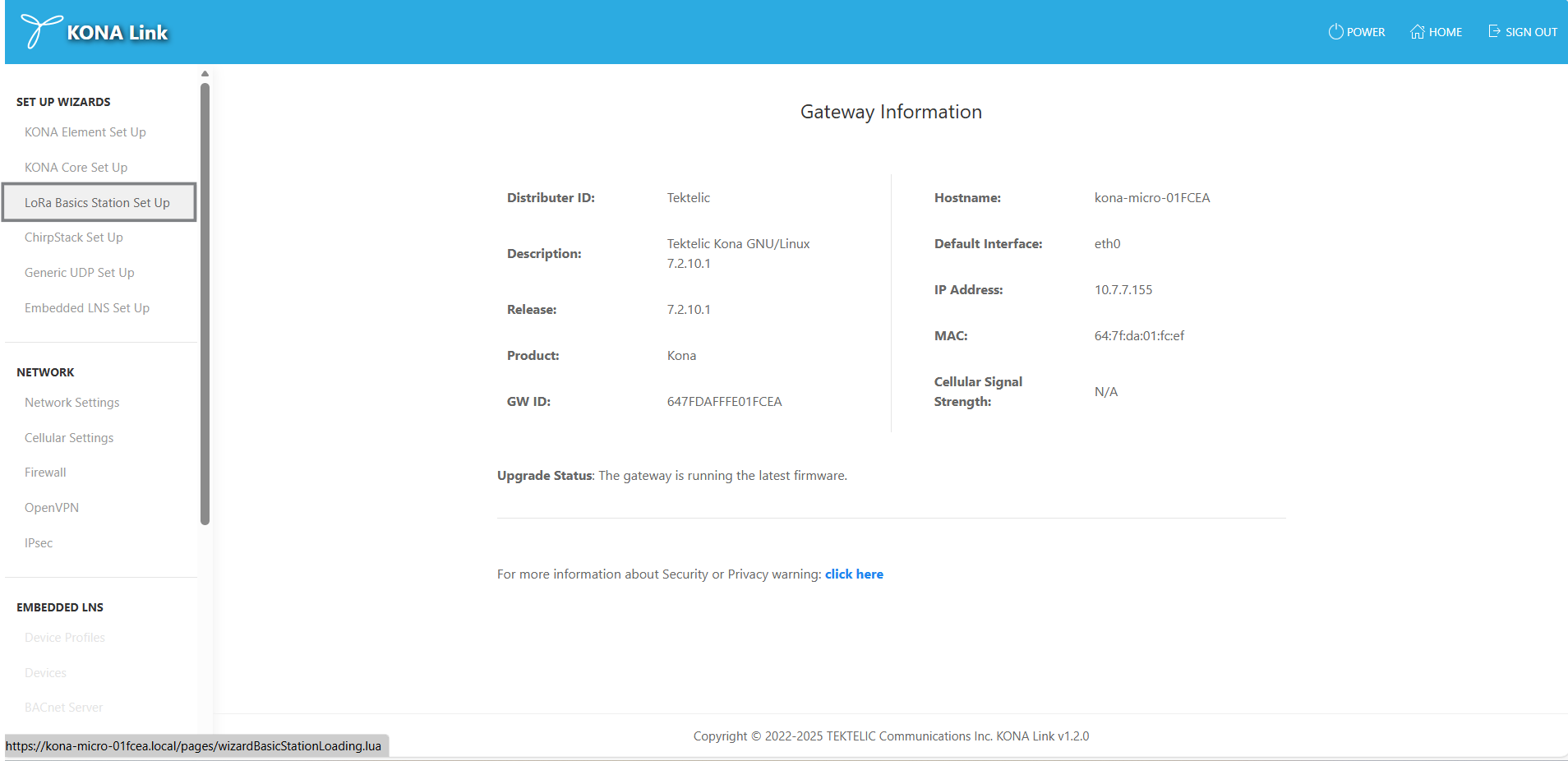 Kona Link setup wizards LoRa basic station