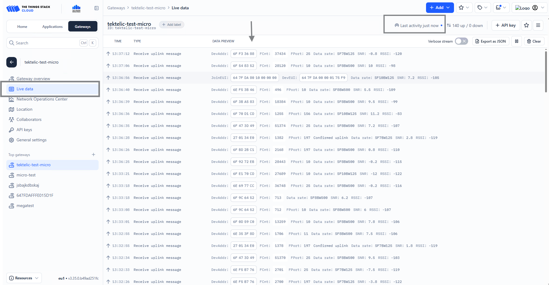 TTN Gateway Live data
