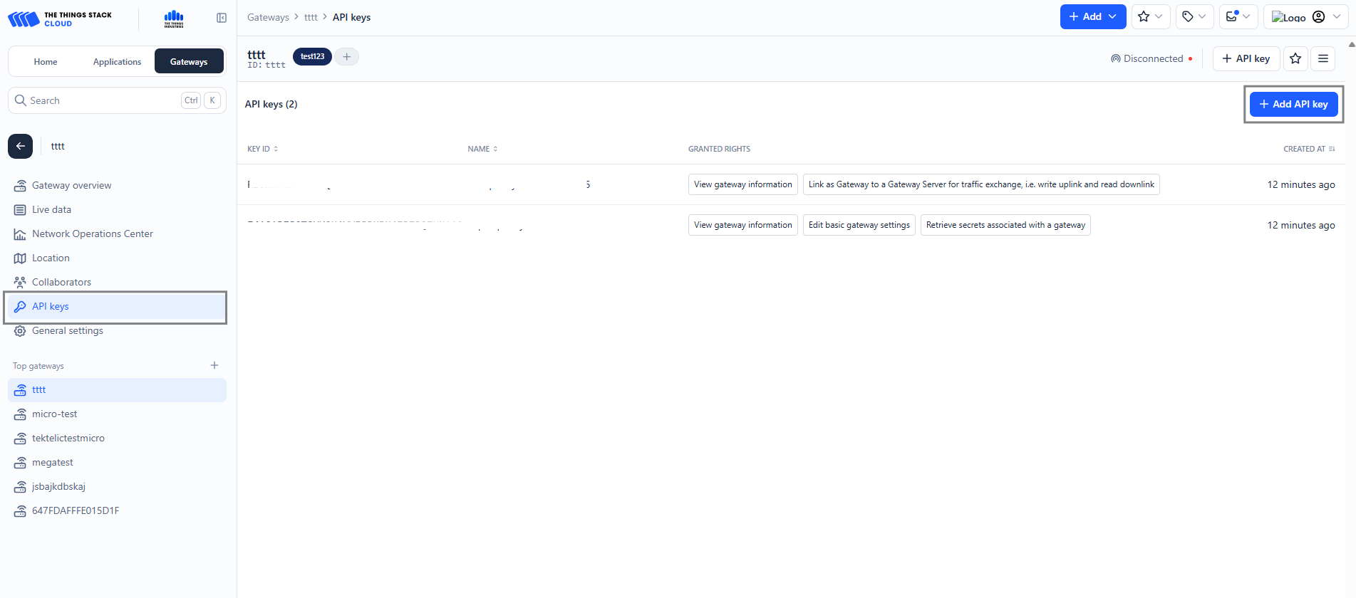 TTN Register Gateway Add API keys
