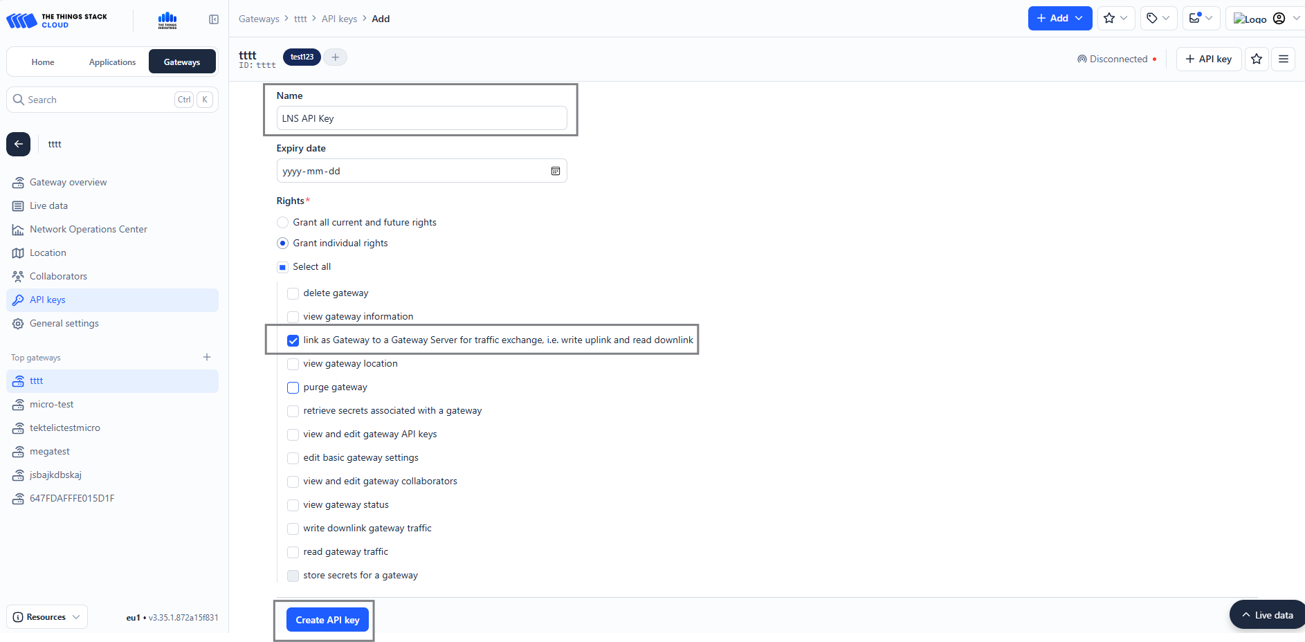 TTN Register Gateway Add LNS API key