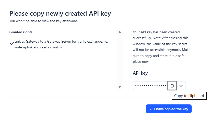 TTN Register Gateway Add copy API keys