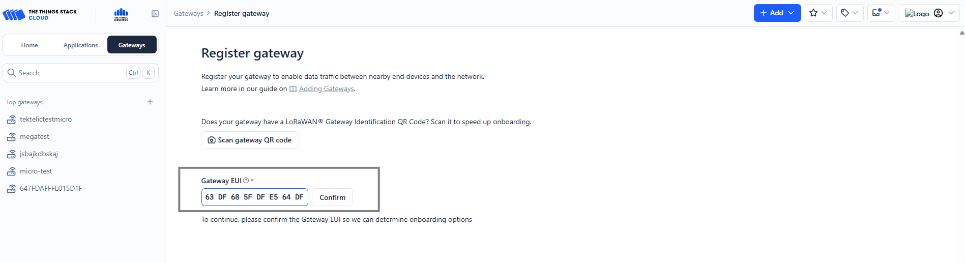 TTN Register Gateway Page Gateway EUI