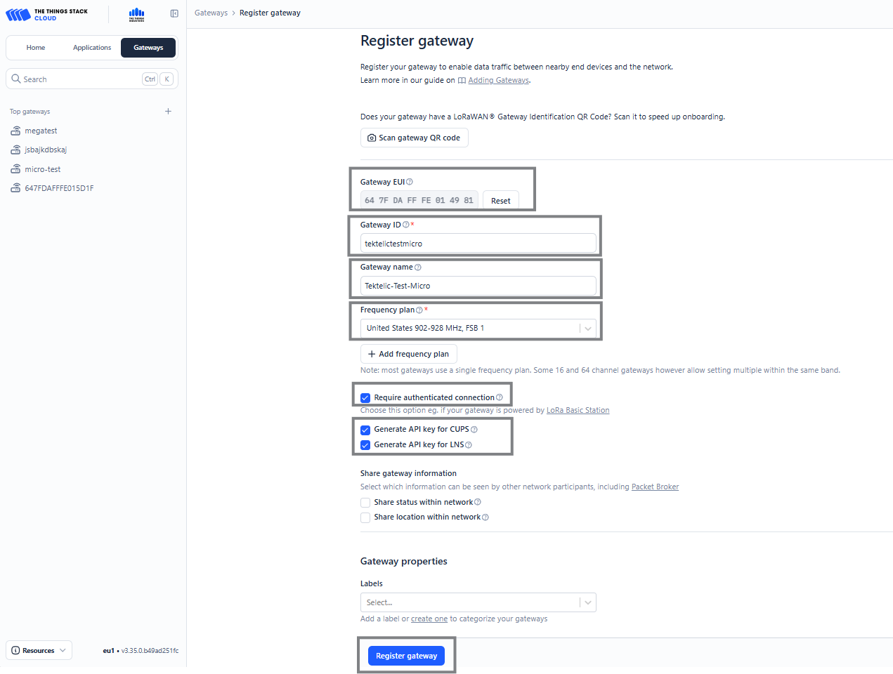 TTN Register Gateway Page
